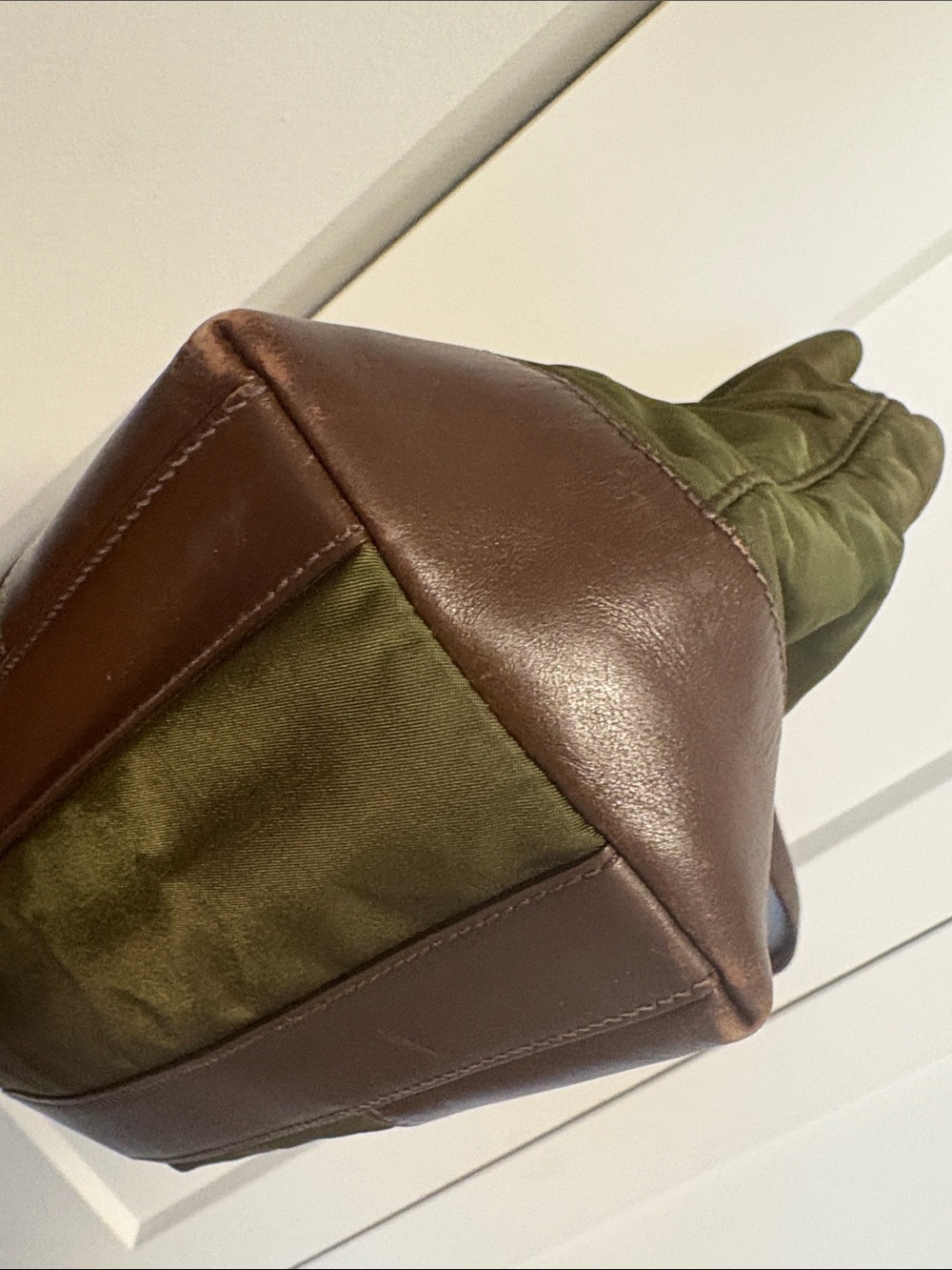 [Prada] Olive Green Nylon Shoulder Bag Handbag Purse Small Tote w/ Brown Leather - Picture 8 of 16